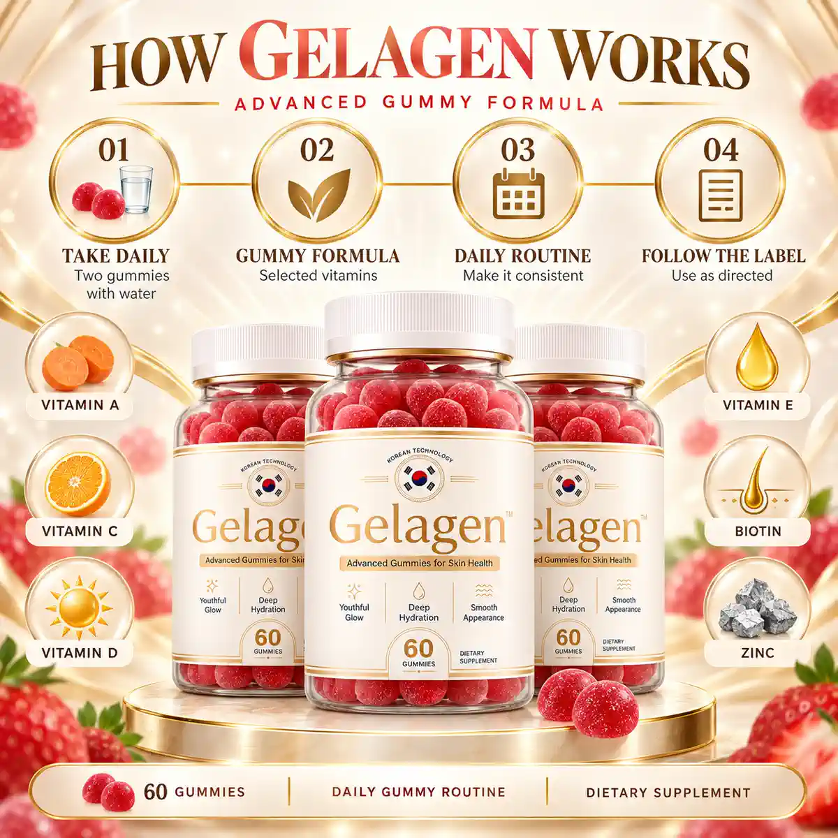 The supplier&rsquo;s How Gelagen Works panel: four numbered steps around three bottles of red gummies, with vitamin A, C, D, E, biotin and zinc shown in circles down both sides