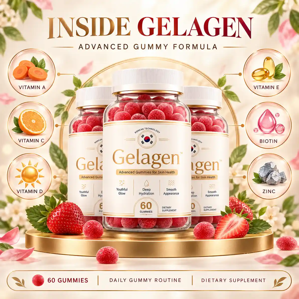 The supplier&rsquo;s Inside Gelagen panel: three bottles of red gummies on a gold plinth surrounded by strawberries and blossom, with vitamin A, C, D, E, biotin and zinc named in circles at the sides