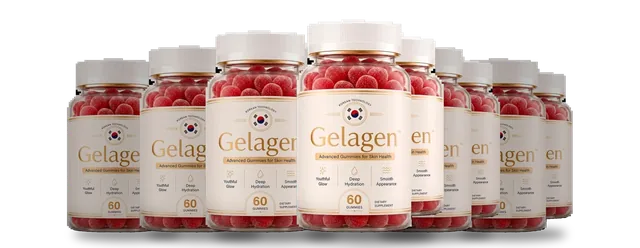 The Gelagen 6 bottles pack, labelled Advanced Gummies for Skin Health