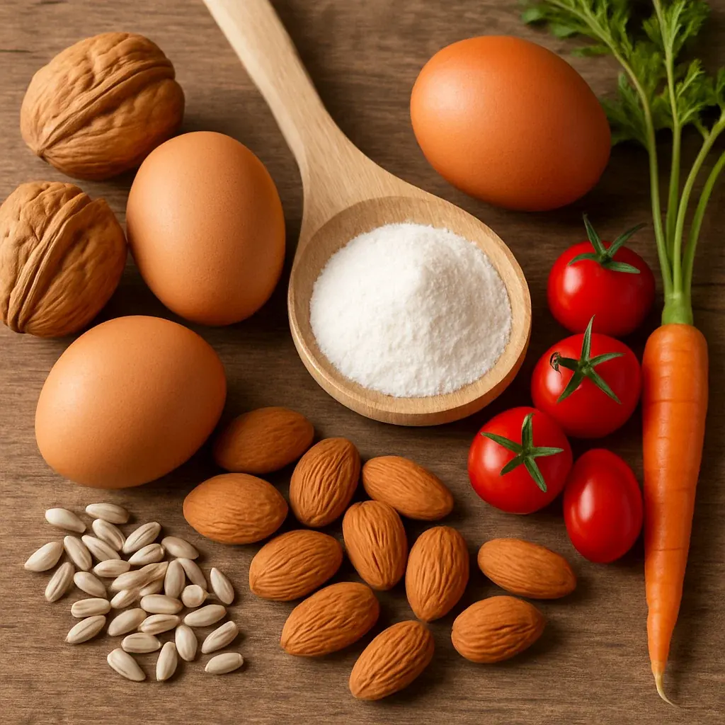 Foods that carry biotin arranged on a wooden board: brown eggs, walnuts, almonds, sunflower seeds, a wooden spoon of white powder, cherry tomatoes and a carrot