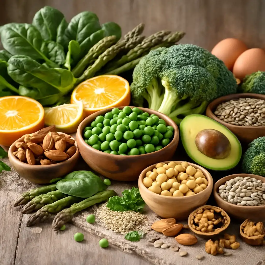 Foods that carry folate arranged on a board: spinach, asparagus, broccoli, a bowl of green peas, chickpeas, avocado, oranges, almonds and eggs