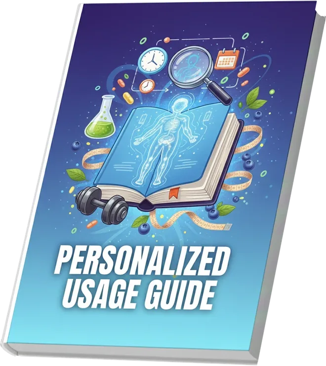 The cover of the Personalized Usage Guide bonus: a blue book with an illustrated open volume, a human figure, a clock and a magnifying glass
