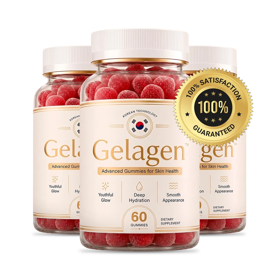 Three Gelagen bottles of red gummies grouped together with a gold 100 percent satisfaction guaranteed seal across the front one