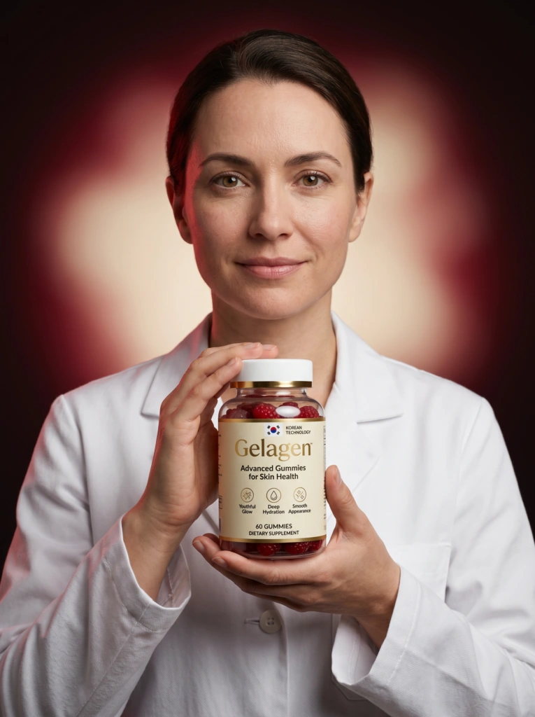 A woman in a white coat holding a Gelagen bottle of red gummies at chest height, the front label facing the camera